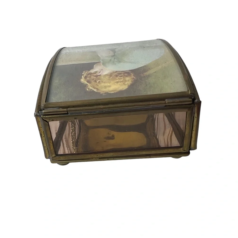 Vintage Brass Glass Jewelry Beveled Trinket Box Collectible Bessie Pease Gutmann